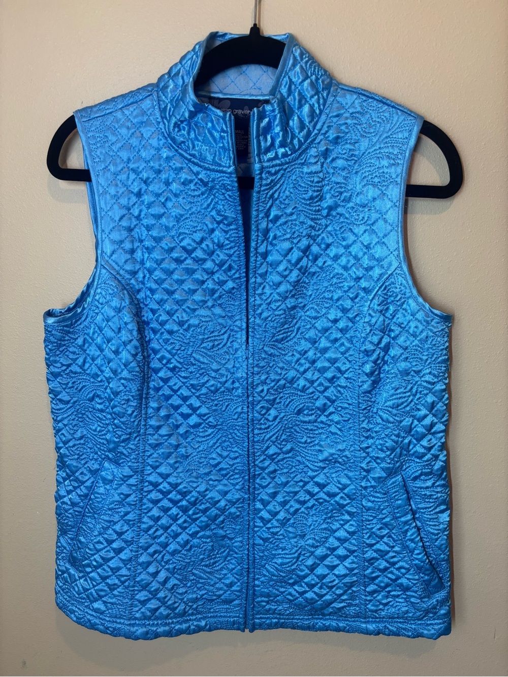 Susan Graver Satin Quilted Blue Sleeveless Zip Vest, fleece lined, small